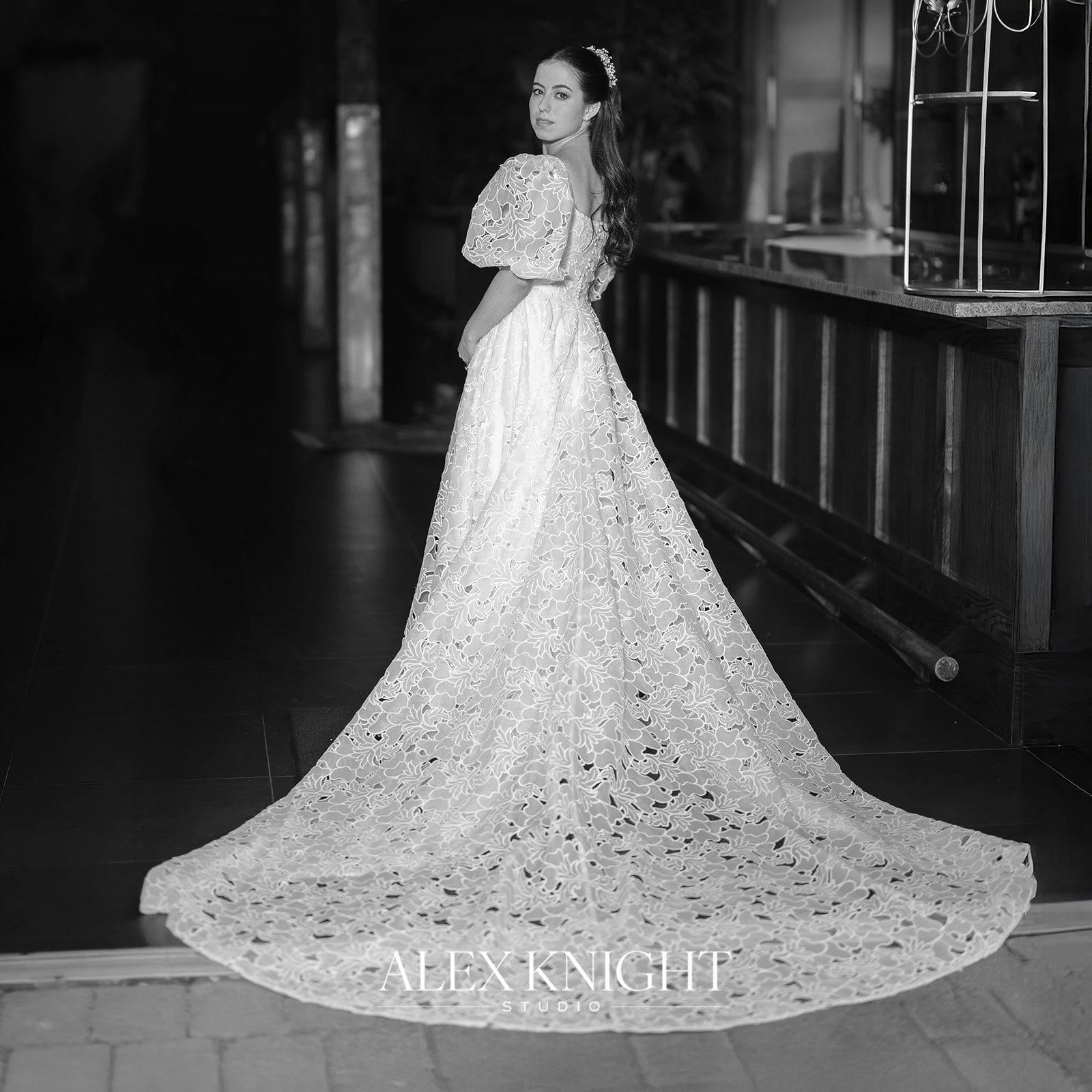 Aline’s cathedral train in black and white