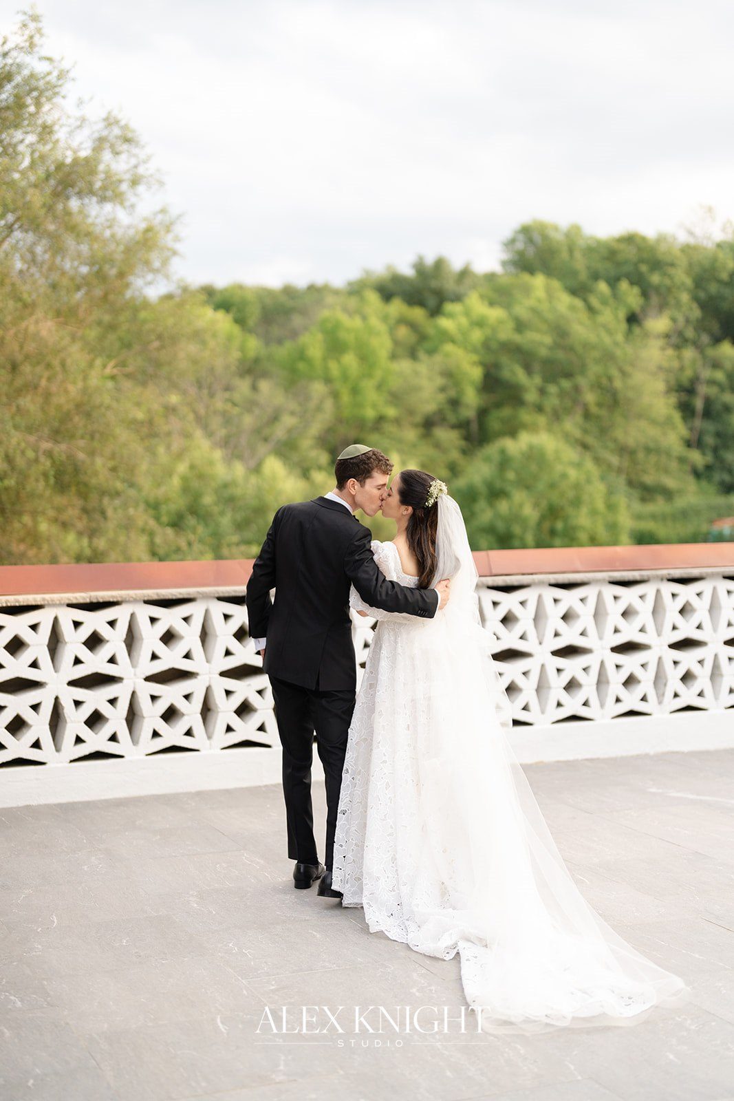 Aline and Tyler kissing on the terrace above the Watchung Mountains treeline