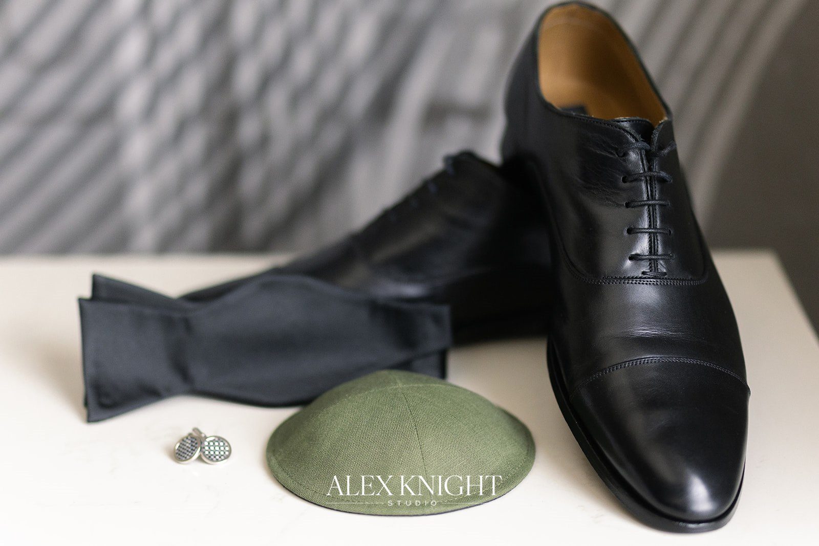 Tyler’s shoes, bow tie, cufflinks and a sage green kippah
