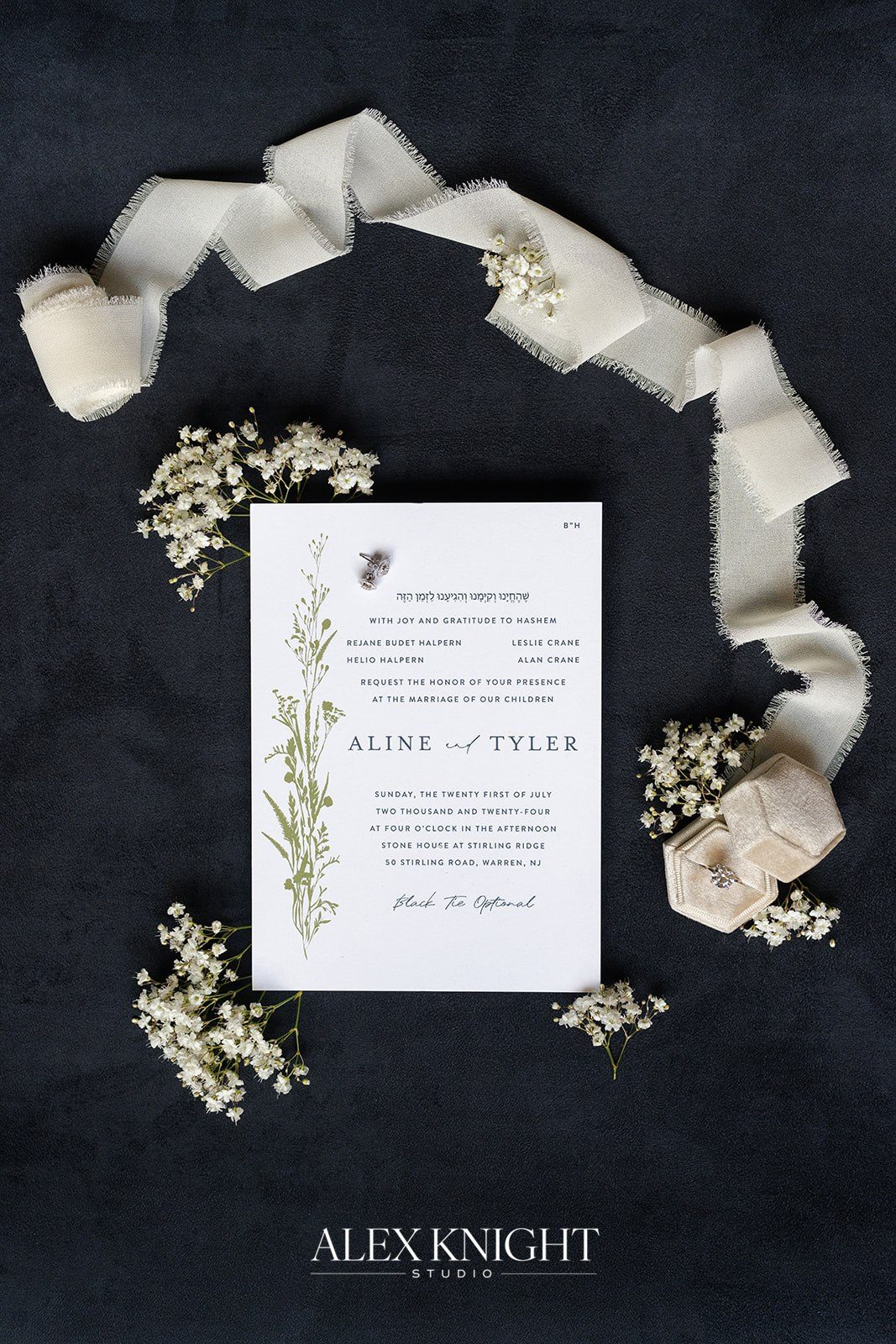 The Aline and Tyler invitation suite with silk ribbon and baby’s breath