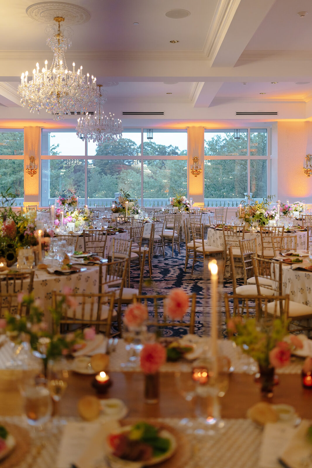 The ballroom at Trump National Westchester set for the reception with wildflower centerpieces
