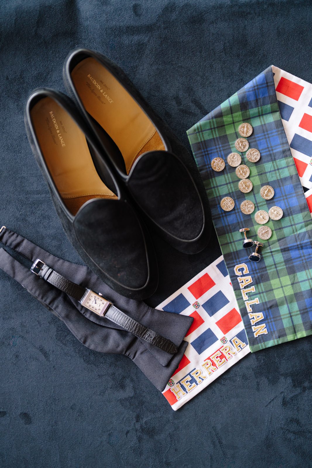Casey&rsquo;s loafers with madras and flag details — a Fourth of July wedding