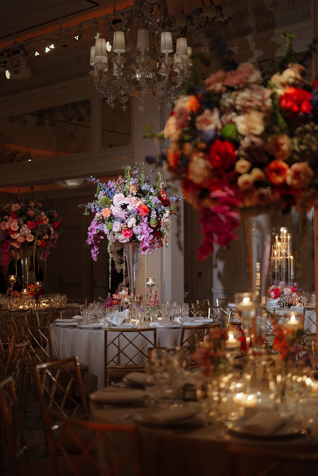 Vivid florals and crystal in the ballroom at The Pierre