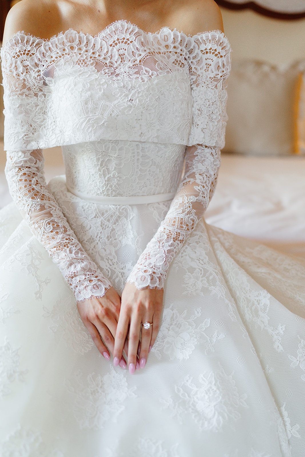 A detail of the lace bodice of Dori&rsquo;s gown