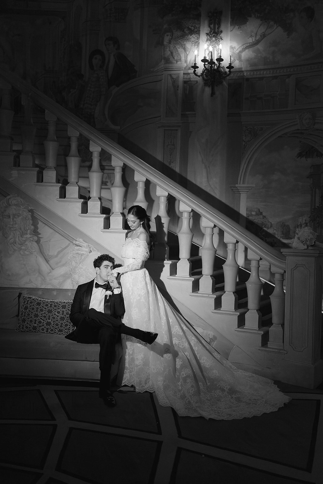 Dori and Ben on the Rotunda staircase in black and white