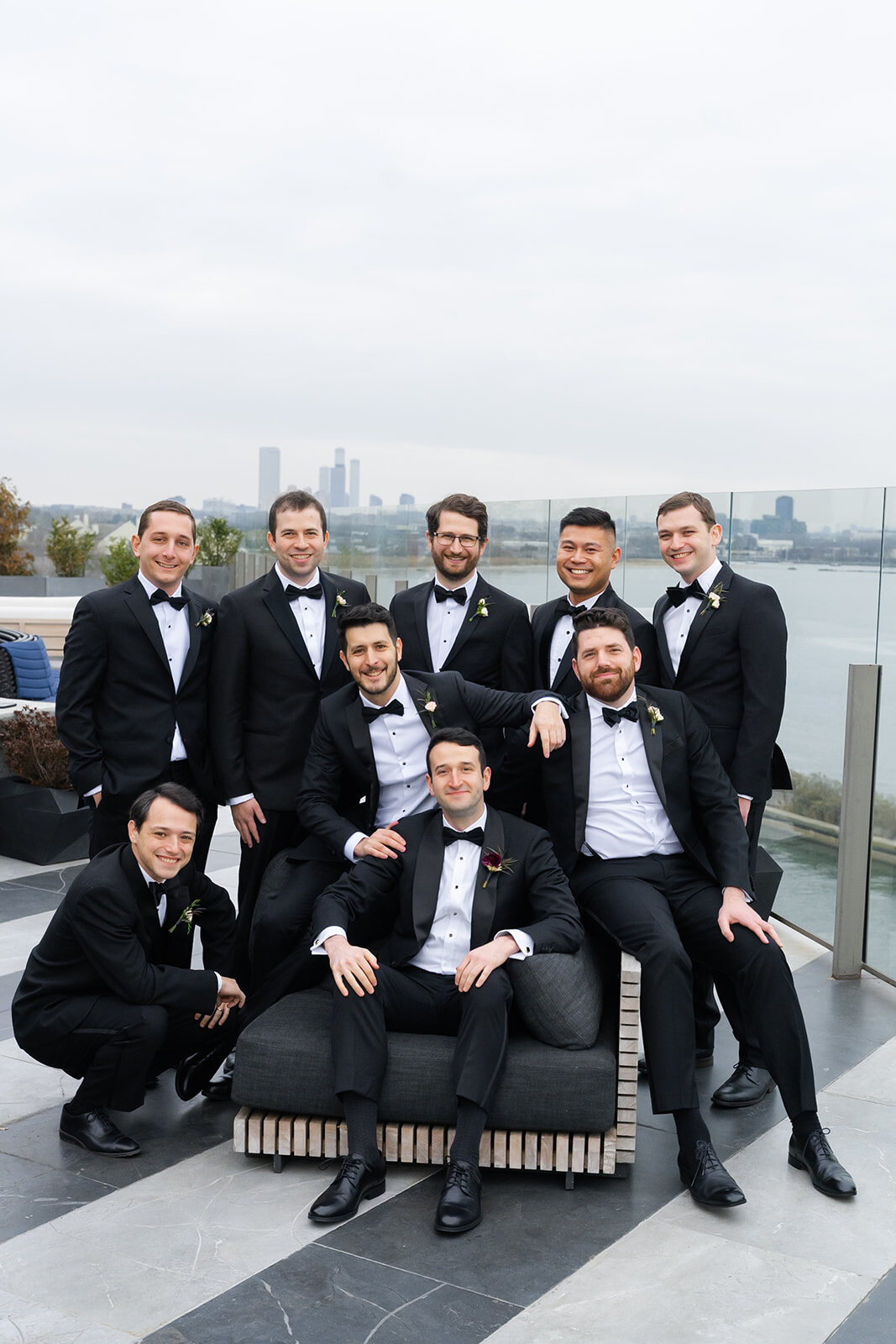 The groomsmen on the terrace at Hudson House