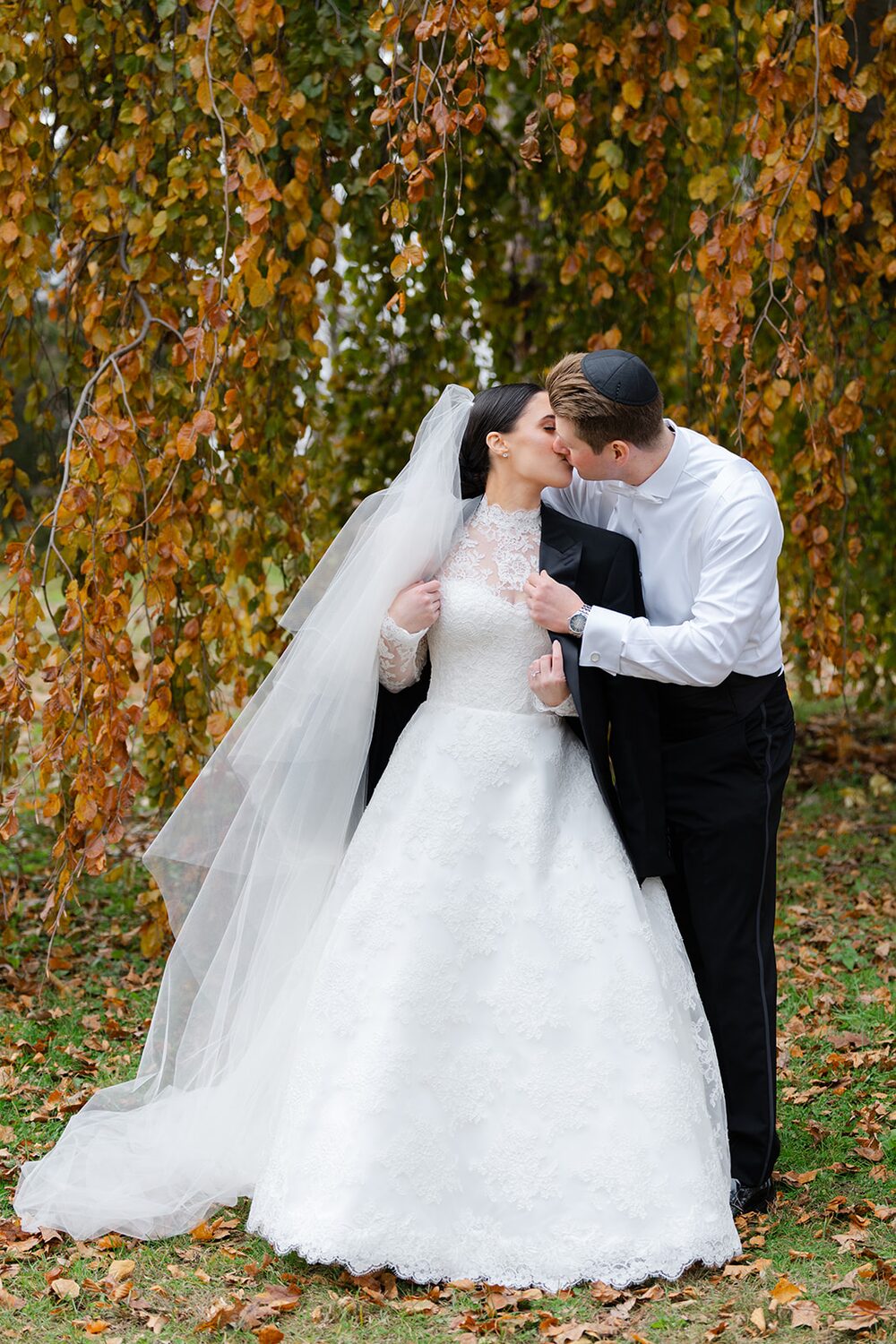 A kiss beneath golden foliage on the island's parkland.