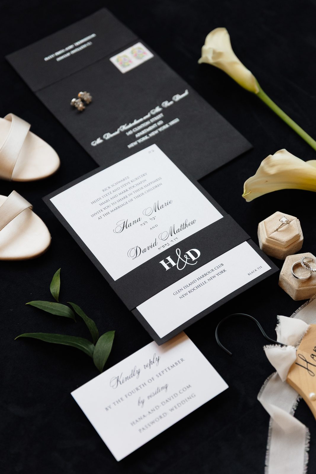 Black and white invitation suite with calla lilies for a Glen Island Harbour Club wedding