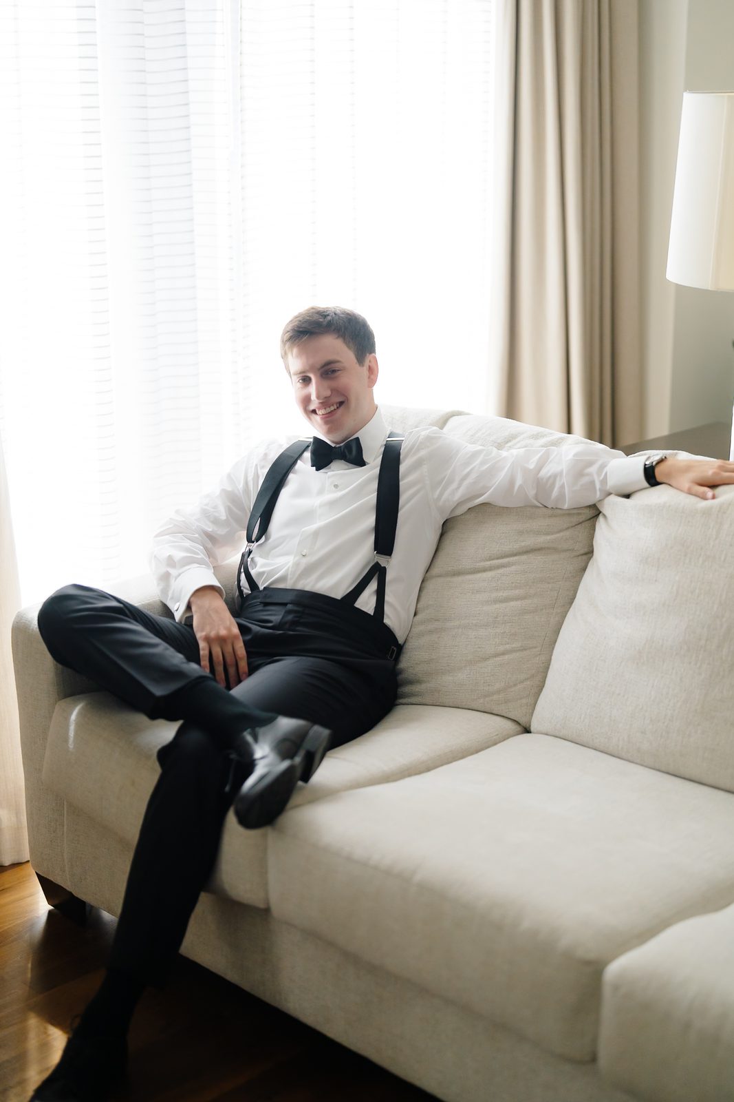 Linus in the groom's suite at The Langham, Fifth Avenue before the ceremony