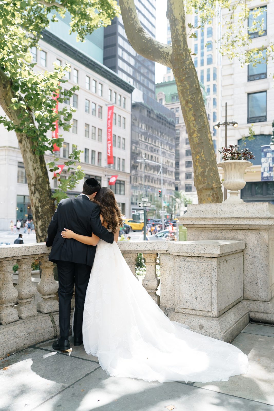 Jessie and Linus on the New York Public Library terrace above Fifth Avenue
