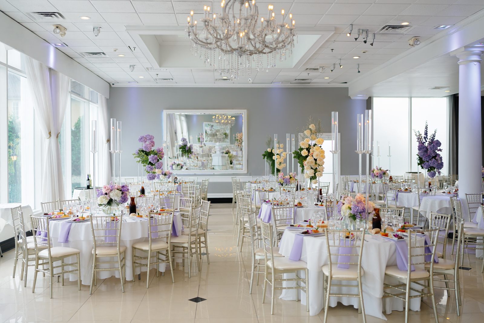 The ballroom dressed in lavender at Greentree Country Club, New Rochelle NY