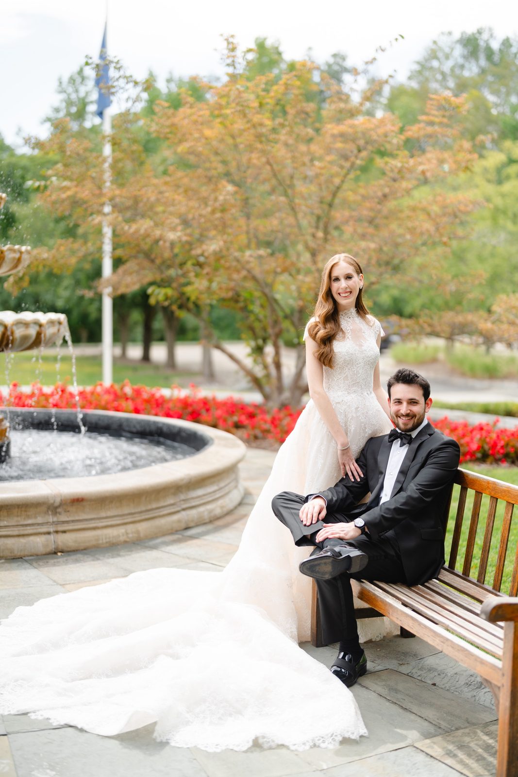 Haley and Evan on a bench by the fountain