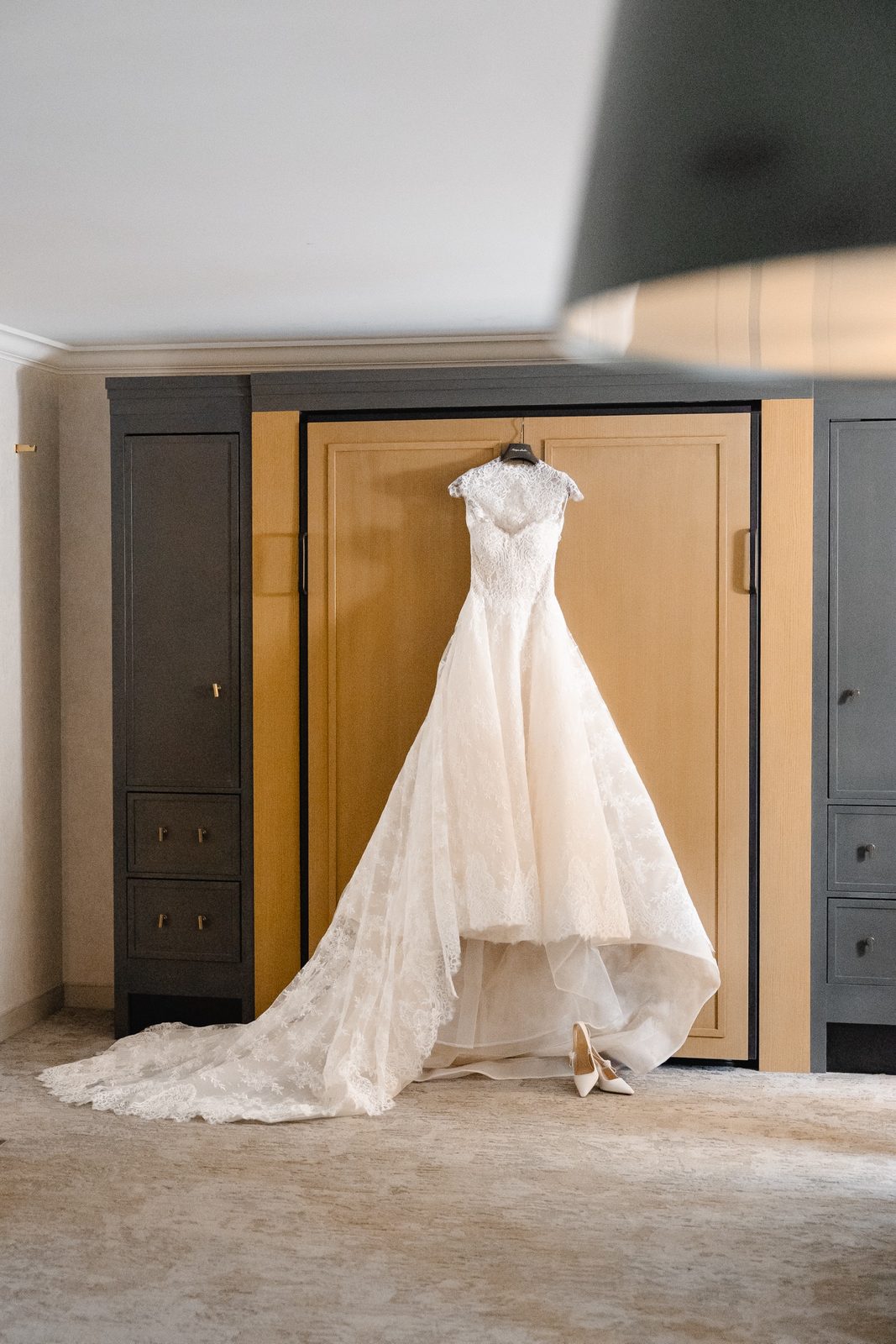 Haley’s gown hanging in the bridal suite at the Hilton Pearl River