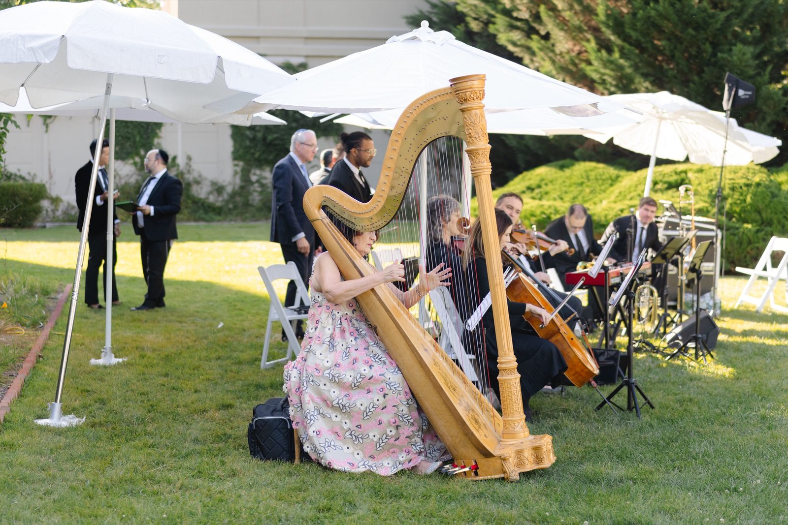 A harpist playing on the lawn before the ceremony