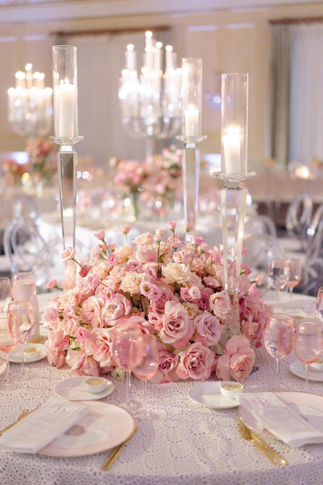 A centerpiece of blush roses