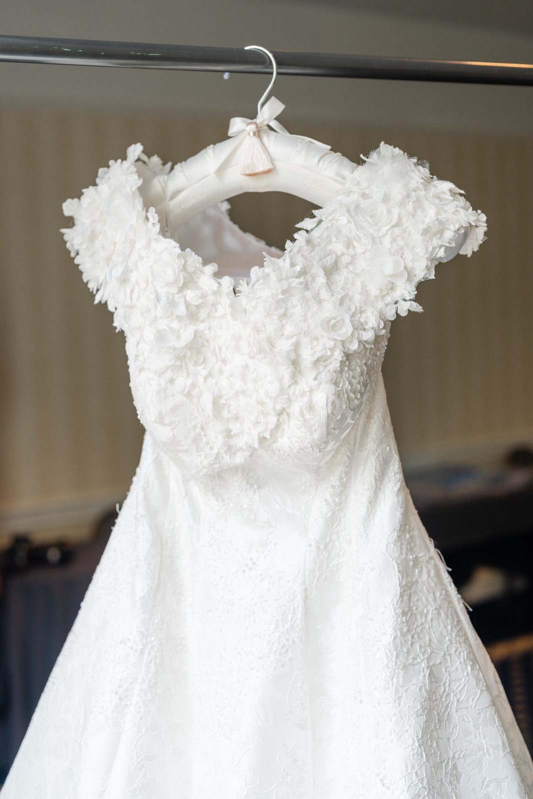 Olivia’s gown hanging in the bridal suite at the Hilton Pearl River