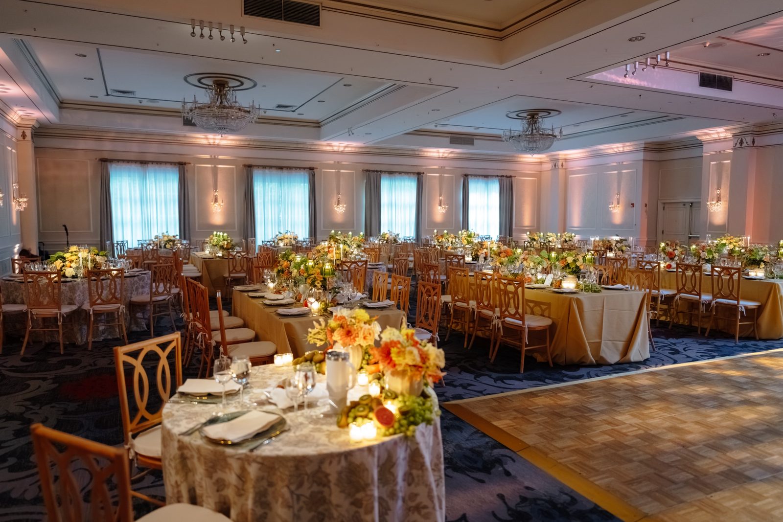 The ballroom set for the reception