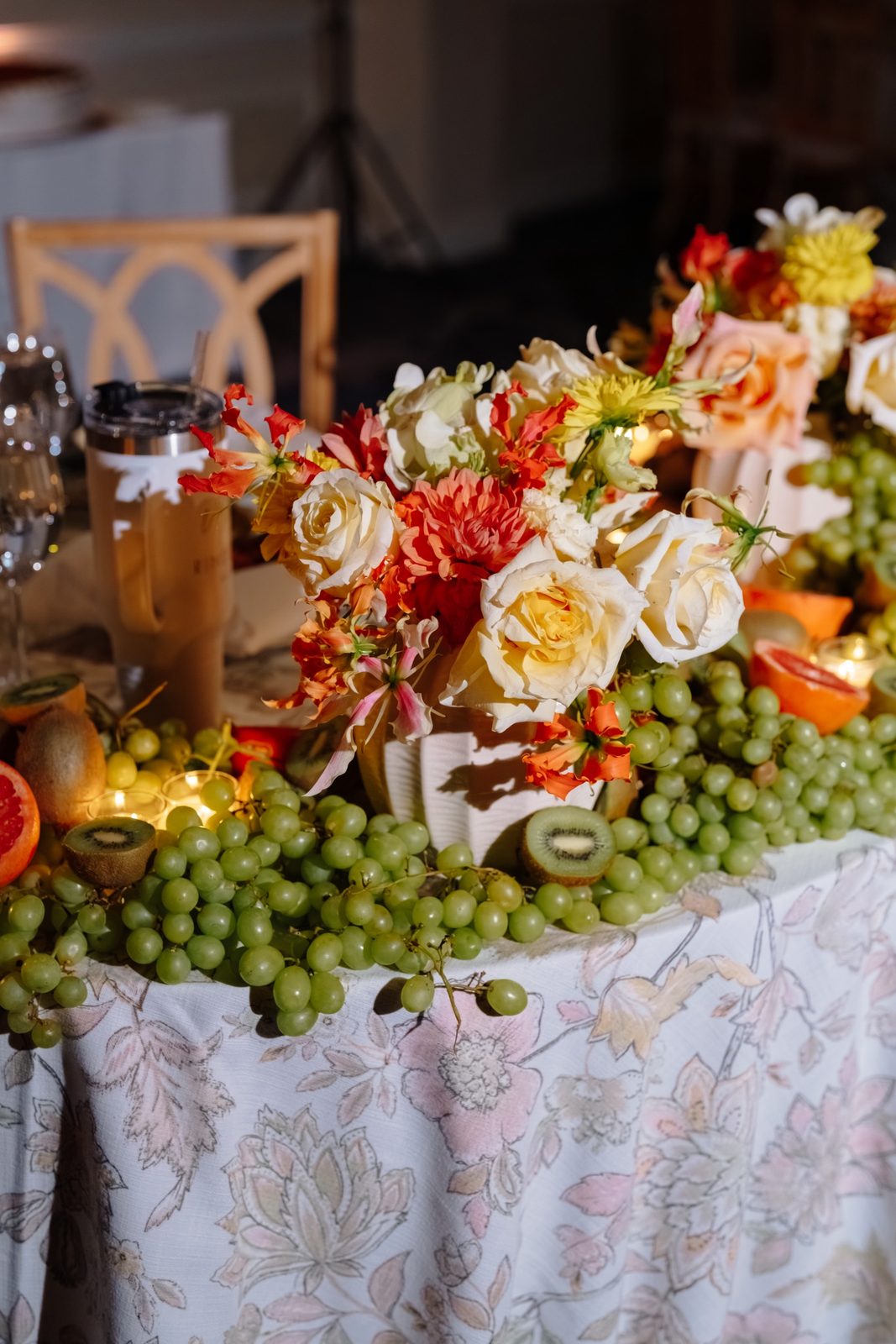 Fruit and flowers on the dessert display