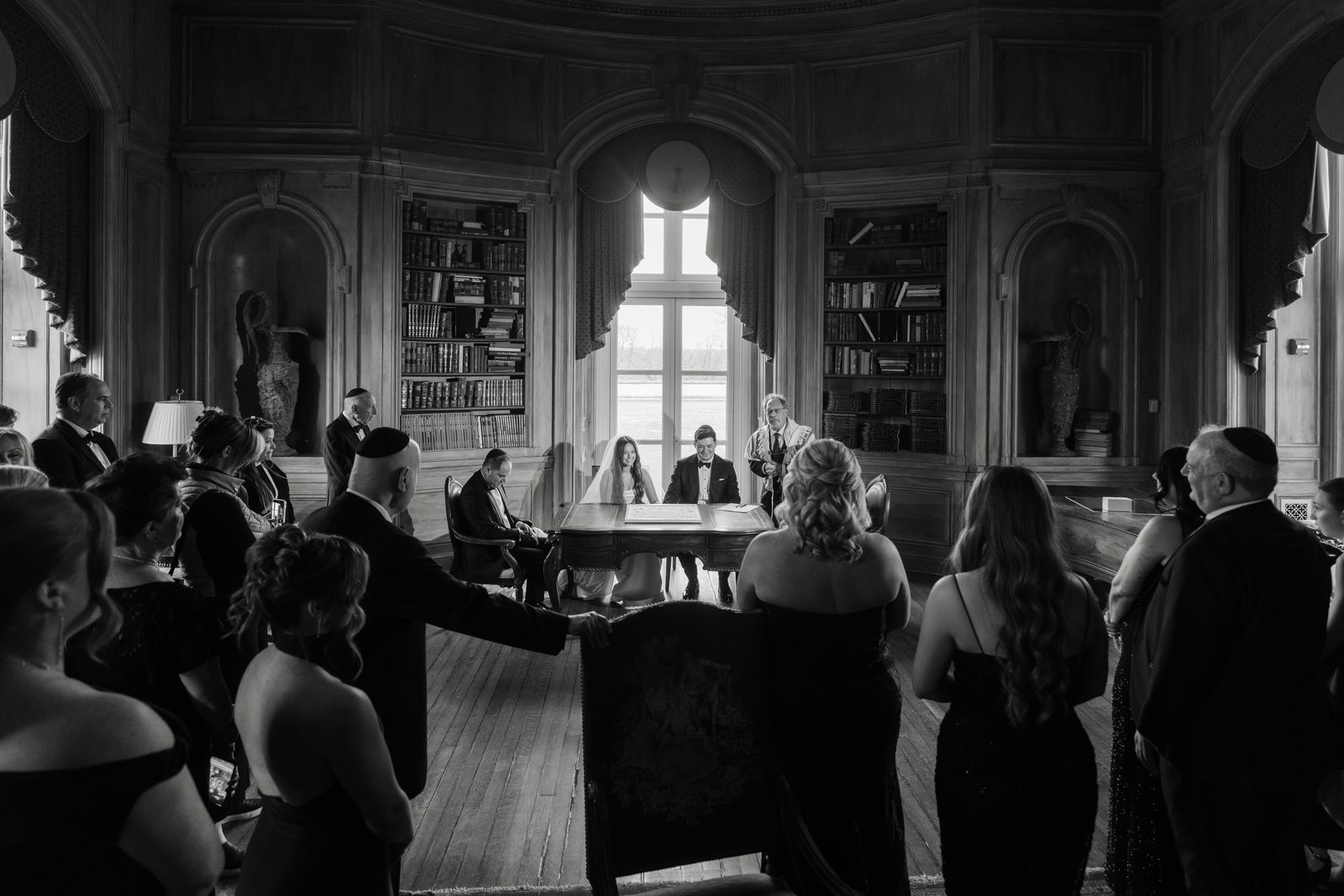 Guests at the Oheka Castle reception, in black and white