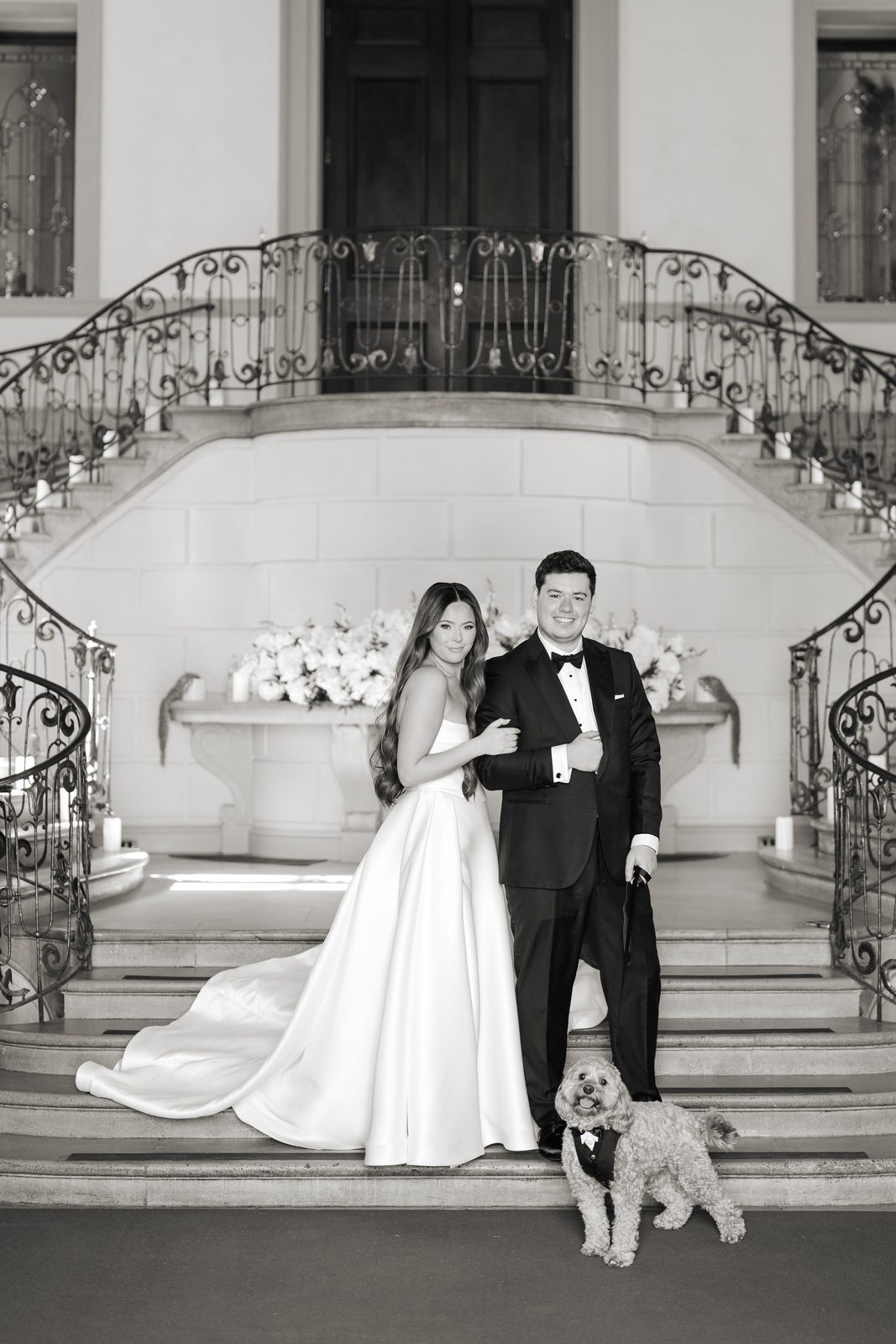 Rachel and Ian on the Oheka Castle staircase with Riley, their dog, in a tuxedo