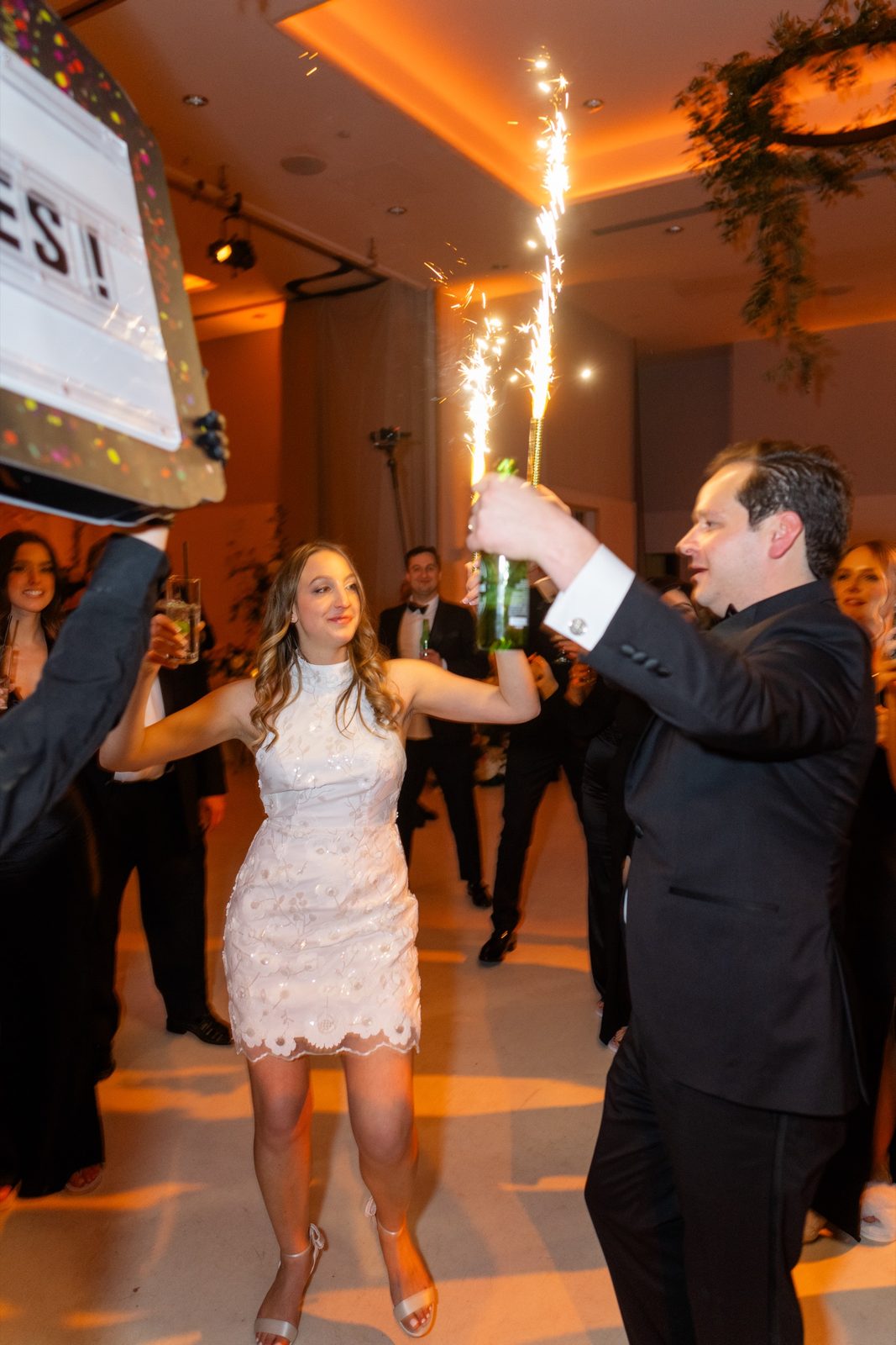 Amanda in her after-party dress with sparklers