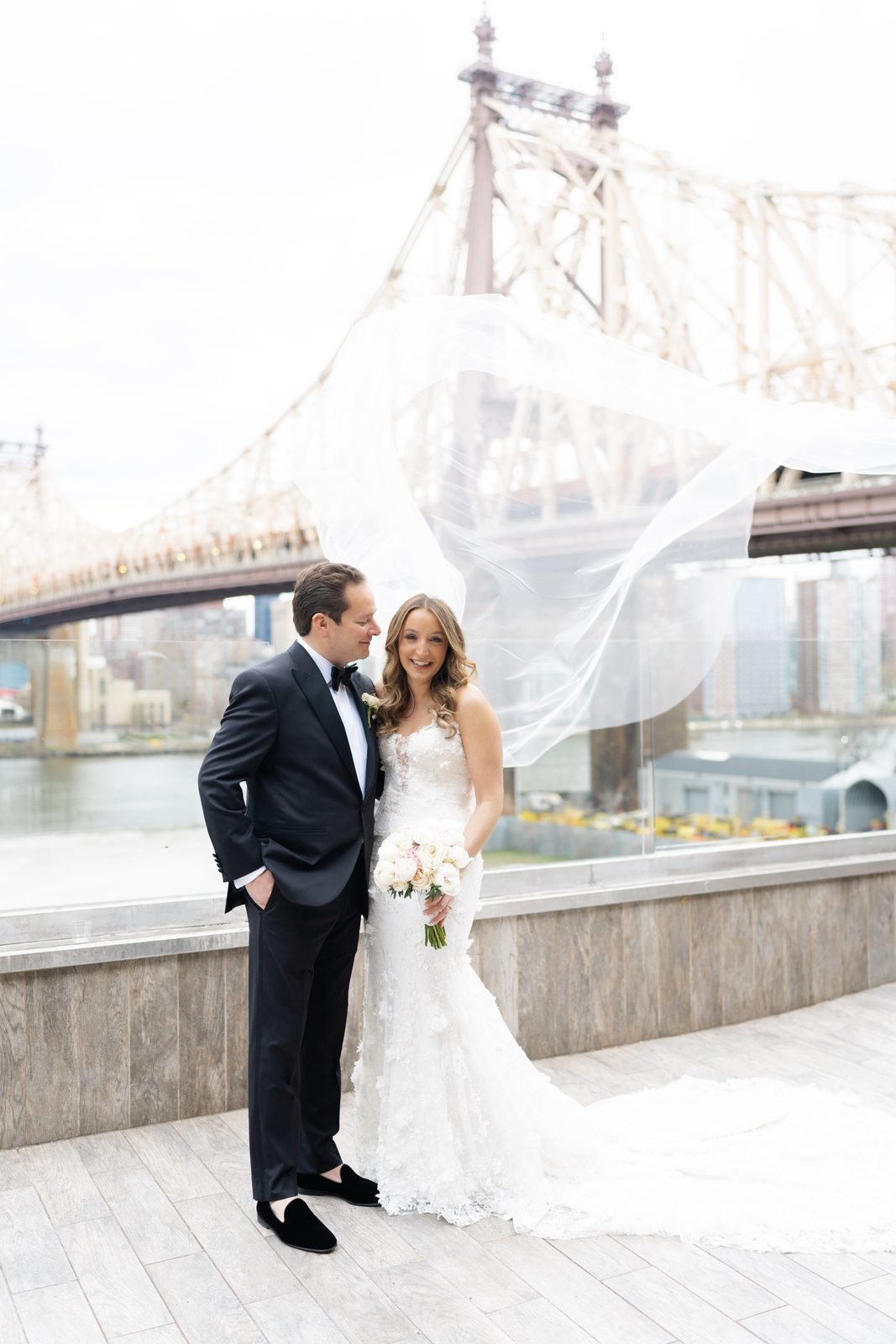 Amanda’s veil catching the wind by the Queensboro Bridge