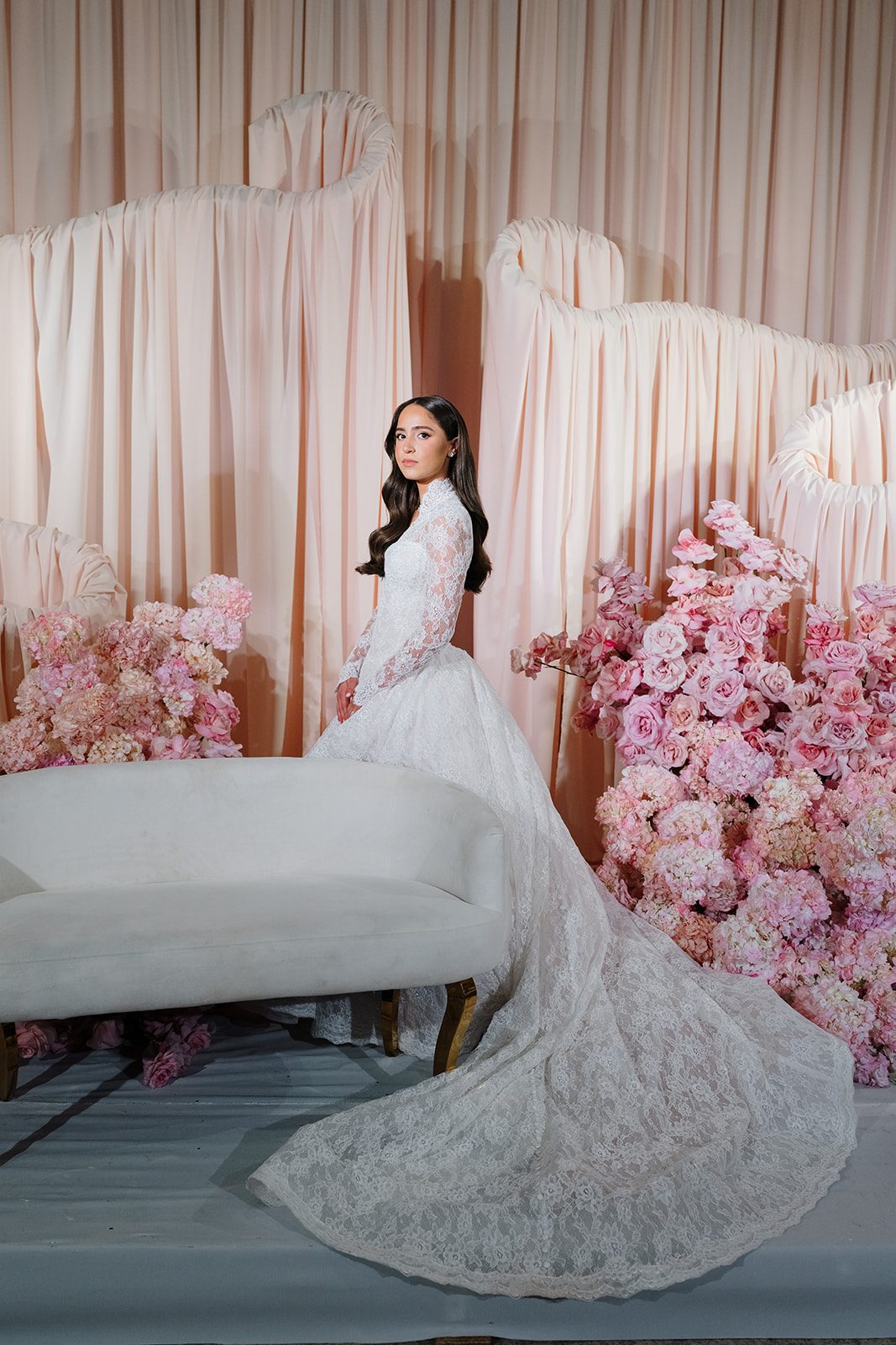 Bride in her Anna Augusta gown at the blush lounge, Edgewood Country Club