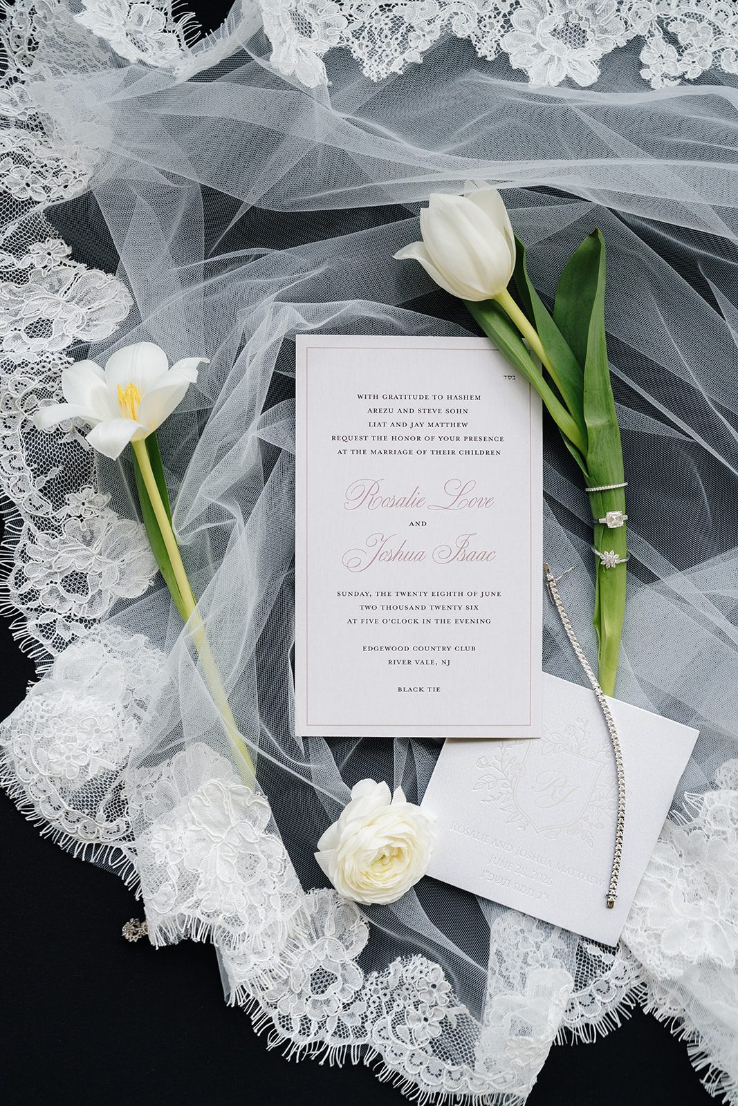 Wedding invitation suite with lace veil and white tulips at Edgewood Country Club in River Vale NJ