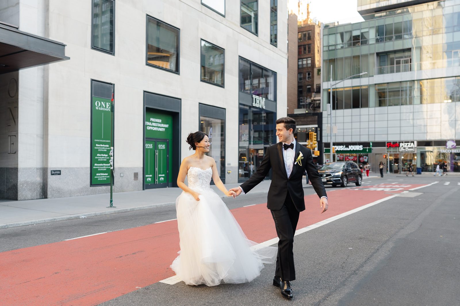Bride and groom portraits in Madison Square Park and NoMad, New York City