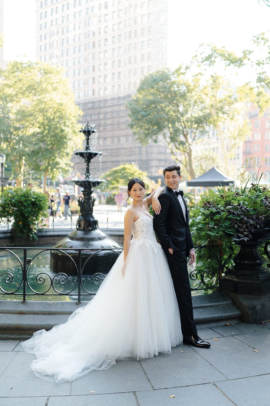 Bride and groom portraits in Madison Square Park and NoMad, New York City